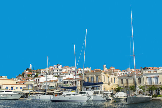 View of marina of Methana island, Aegean sea, Greece.