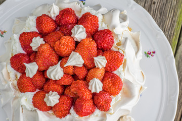 Top View Detail on a Strawberries on a Pavlova Cake