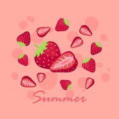 Summer Strawberries fruit vector illustration on pink background.