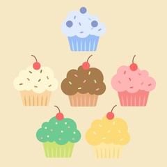 Colorful cupcakes set with different topping color vector illustration