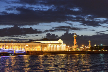 St. Petersburg Sunset over Neva River, city skyline Arrow of Vas