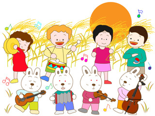 満月の夜の子供とウサギのコンサート