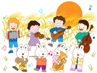 満月の夜の子供とウサギのコンサート