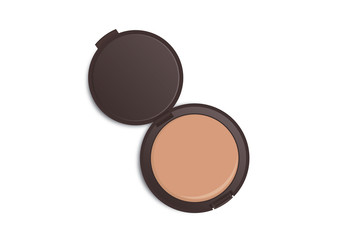 Makeup powder nude color in dark brown powder case which opened isolated on white background.