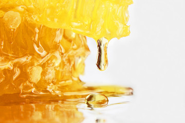 drop of honey dripping from the honeycomb closeup