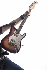 Hand of Male Guitar Player Holding and Demonstrating Guitar. Posing With Guitar In front of White Background