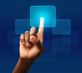 Male hand pushing button on virtual screen. Innovative technology concept.