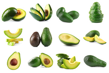 Fresh avocado collage isolated on white