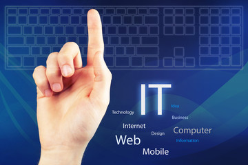 Male hand pushing button on virtual keyboard. IT technologies concept.