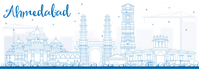 Outline Ahmedabad Skyline with Blue Buildings.