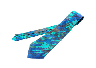 Roll of green and blue pattern necktie isolated on white backgro