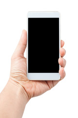 Hand holding smart phone (Mobile Phone) isolated on white background