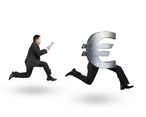 Man running after Euro money symbol with human legs running