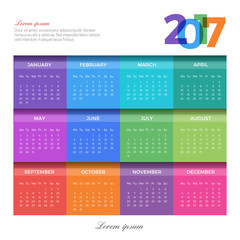 Calendar 2017 Vector template. Multicolored monthly calendar template