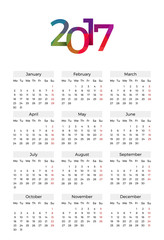 Calendar 2017 Vector template with week starting monday in white background