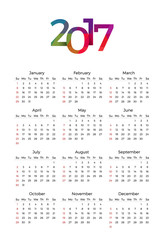 Calendar 2017 Vector template with week starting on sunday in white background