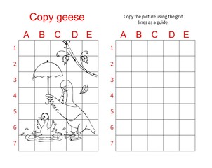 Grid copy puzzle - the picture of cute geese. Educational game for children. Vector illustration.