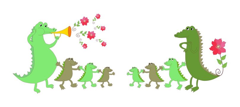 Cute crocodile family - mother, father and six kids. Childish vector illustration.