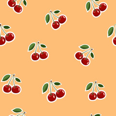 Pattern of red small cherry stickers same sizes with leaves on orange background