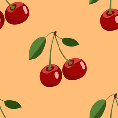 Pattern of big red cherry with leaves on orange background