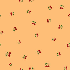 Pattern of red small cherry different sizes with leaves on orange background