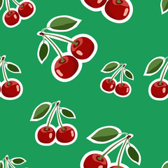 Pattern of red big cherry stickers different sizes with leaves on green background