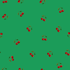 Pattern of red small cherry same sizes with leaves on green background