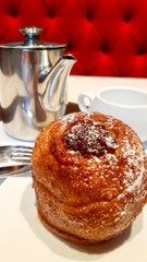 Baked apple on the plate in cafe