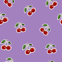 Pattern of red small cherry stickers same sizes with leaves on purple background