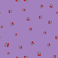 Pattern of red small cherry different sizes with leaves on purple background