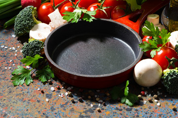 empty cast iron skillet and fresh organic vegetables