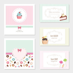 Cute card templates set. For sweet shop, bakery, scrapbook, birthday design.