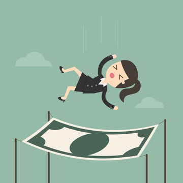 Businesswoman falling into a financial safety net. Business concept cartoon illustration.