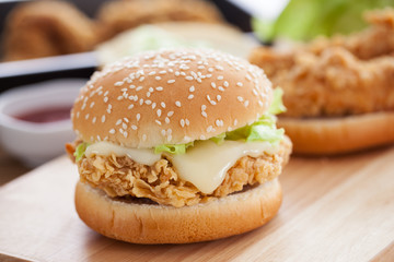 chicken burger on wooden board for meal