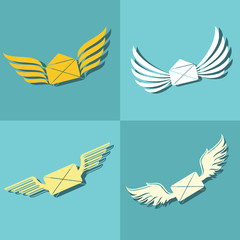 Mail with wings icons on blue background