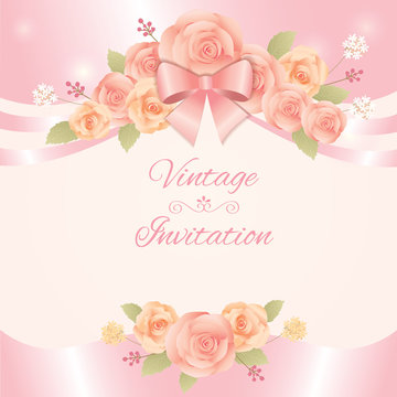Vector for vintage flowers invitation card.Roses and ribbon  decoration for template.