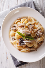 Italian cuisine: Conchiglie with porcini and parmesan close-up. vertical top view 
