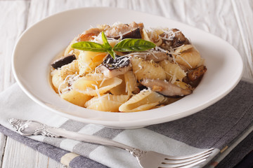 Italian pasta with porcini mushrooms and cheese close-up on a plate. horizontal
