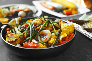 Grilled vegetables in frying pan, close up
