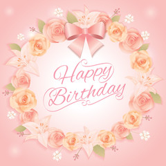 Fototapeta na wymiar Vector of roses and lily decoration into wreath bouquet with sweet pink ribbon for happy birthday invitation card.
