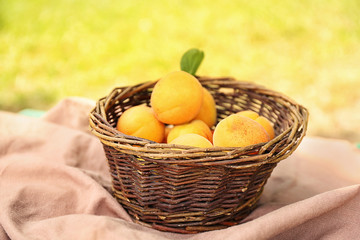 Obraz na płótnie Canvas Heap of apricots in wooden basket on table
