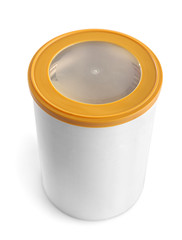 Baby milk formula in can on white background