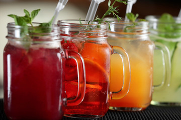 Different cocktails on table in cafe