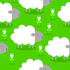 Cute cartoon seamless pattern with sheep and flowers vector background. Perfect for wallpapers, pattern fills, web page backgrounds, surface textures, textile