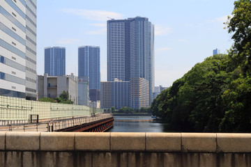 The view from the Hamarikyu park Otemon Bridge