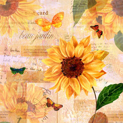 Vintage collage with sunflowers and butterflies on old ephemera