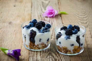 Breakfast with yogurt, homemade granola and fresh berries