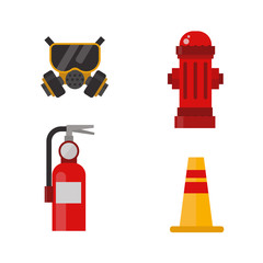 Firefighter protection equipment vector flat set.