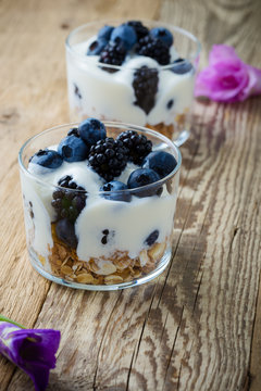 Breakfast with yogurt, homemade granola and fresh berries