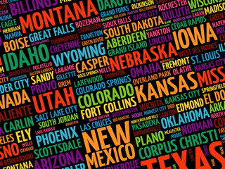 Obraz premium USA cities names word cloud collage, concept background